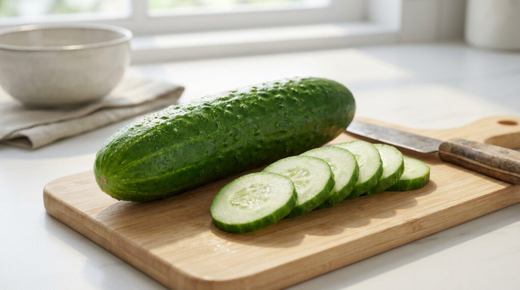Concombre frais entier et ses rondelles coupées sur une planche à découper en bois, prêt à être dégusté avec sa peau.