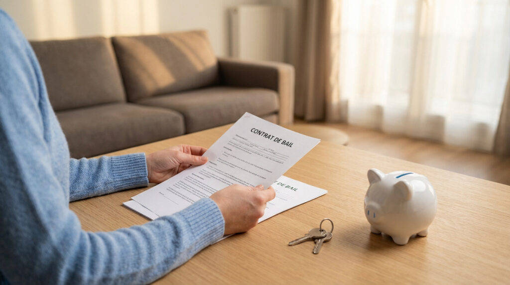 Une personne lit un contrat de bail. Sur la table en bois, des clés et une tirelire cochon symbolisent l'emménagement et les économies.