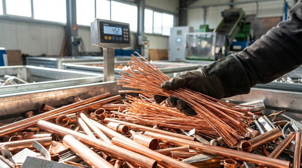 Une main gantée tient des fils de cuivre au-dessus d'une benne de ferraille de cuivre, avec une balance affichant 45.2 en arrière-plan.