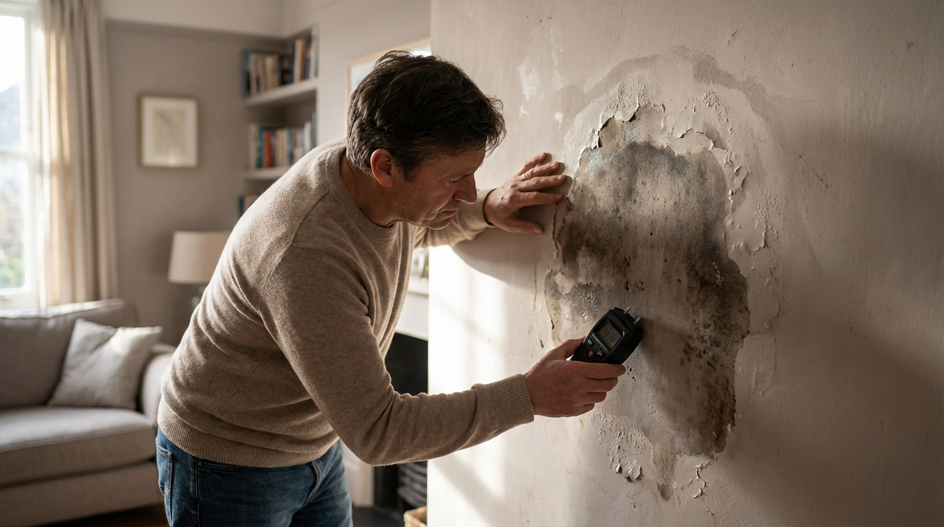 Un homme examine attentivement un mur de salon couvert de moisissure et de peinture écaillée, utilisant un humidimètre.