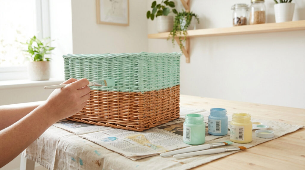 Mains peignant un panier en osier en vert menthe. Le panier est à moitié peint. Des pots de peinture colorés et des pinceaux sont sur la table.