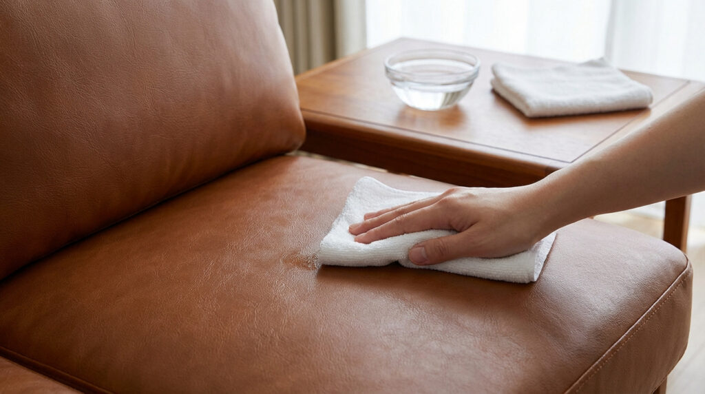 Une main nettoie une tache sur un canapé en simili cuir marron avec un chiffon blanc humide, près d'un bol d'eau sur une table.
