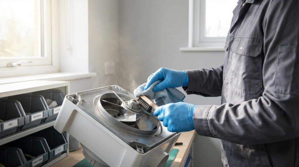 Gros plan sur une personne en gants bleus nettoyant le moteur d'une VMC avec une brosse et un chiffon, des particules de poussière s'échappent.
