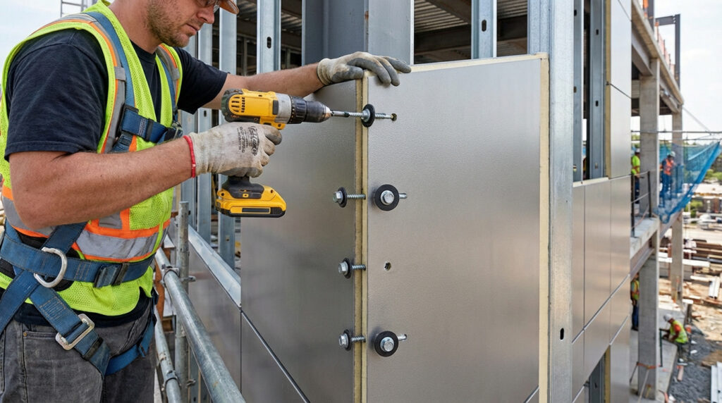 Ouvrier fixant un panneau sandwich de bardage gris avec une perceuse. Il porte un gilet de sécurité et un harnais sur un chantier.