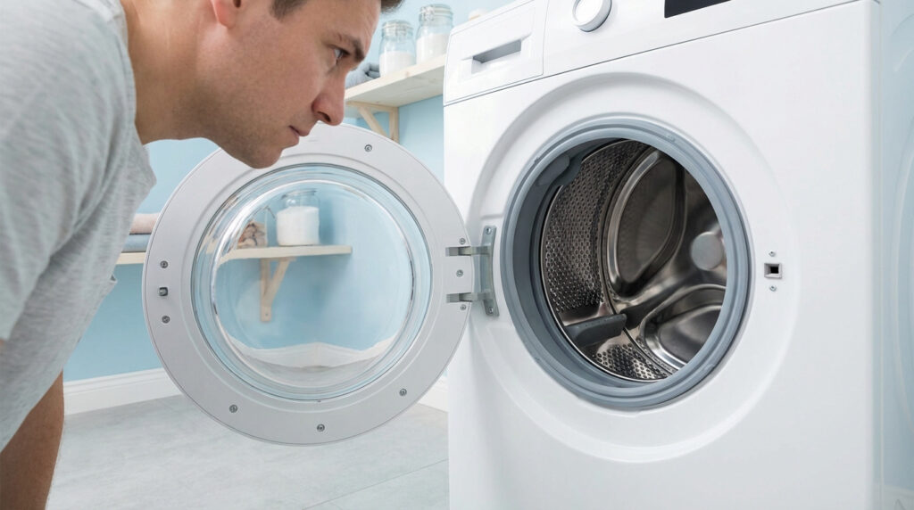 Un homme examine l'intérieur d'un lave-linge blanc à hublot ouvert, semblant diagnostiquer une panne.