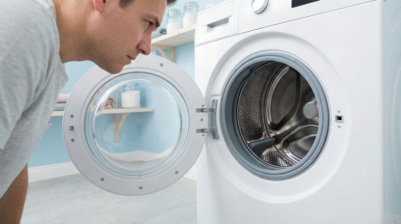 Un homme examine l'intérieur d'un lave-linge blanc à hublot ouvert, semblant diagnostiquer une panne.