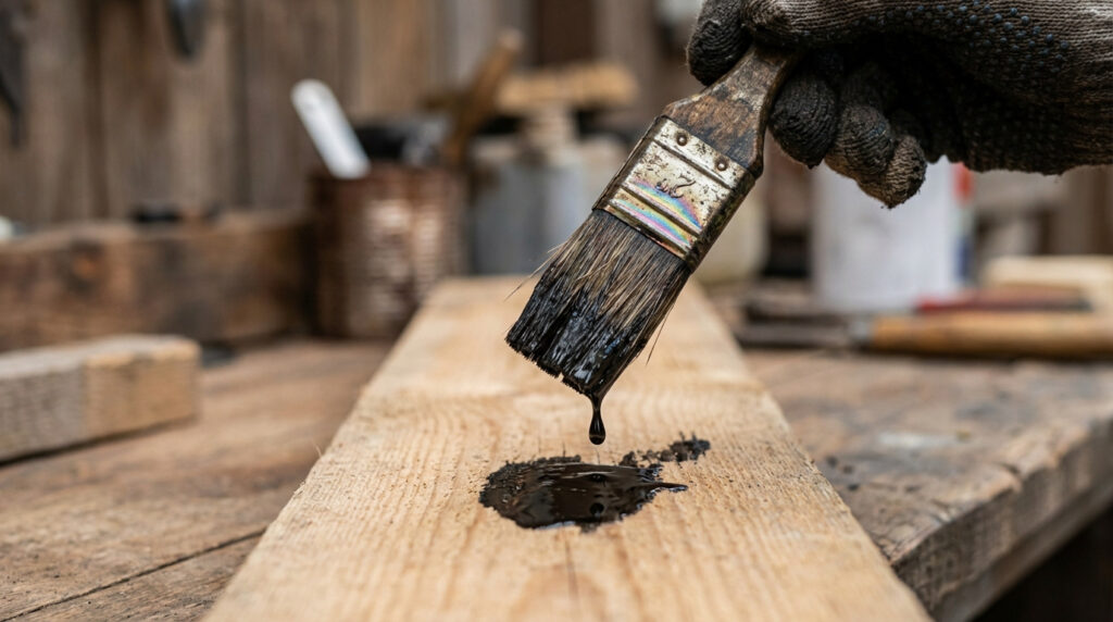 Main gantée tenant un pinceau dégoulinant d'huile noire sur une planche de bois claire, formant une flaque.