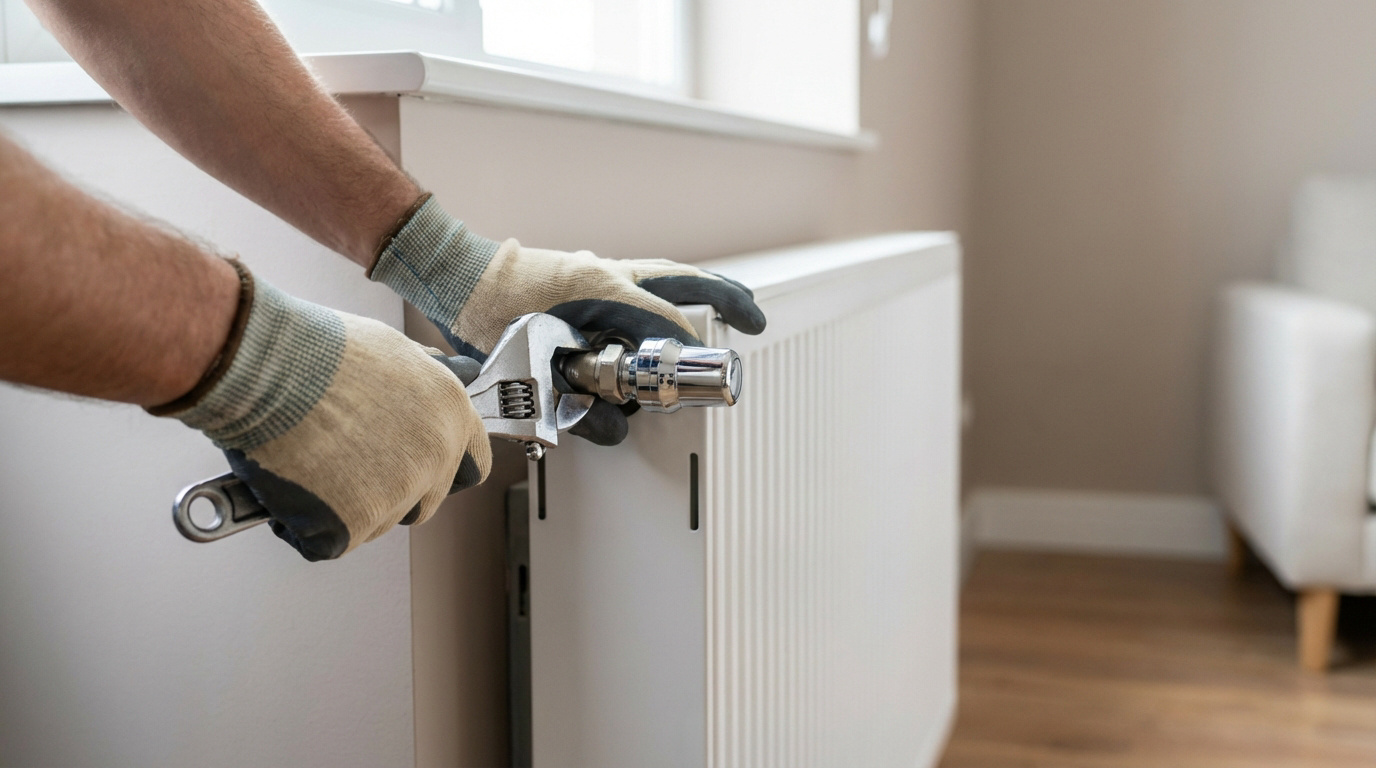 Un plombier ou bricoleur remplace un robinet thermostatique sur un radiateur blanc à l'aide d'une clé à molette.