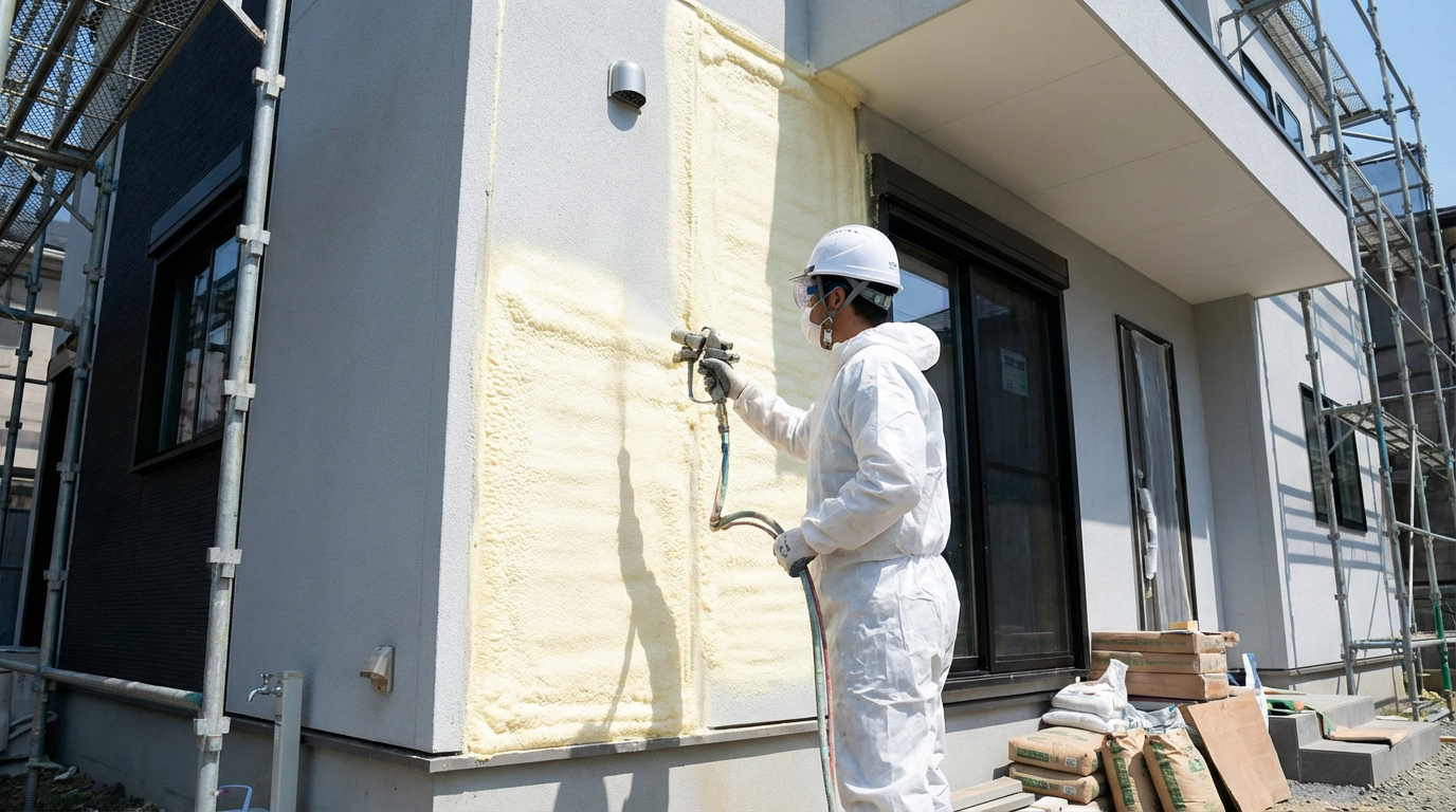 Un ouvrier en combinaison blanche et casque applique de la mousse isolante par projection sur la façade d'une maison.
