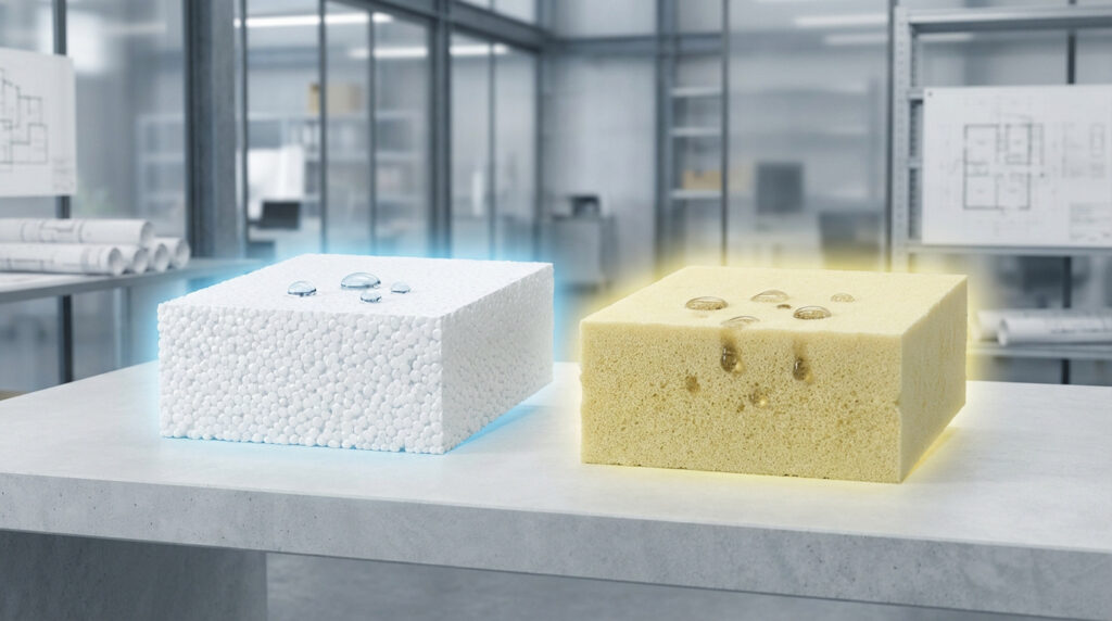 Deux blocs d'isolant, polystyrène blanc et polyuréthane jaune, avec des gouttes d'eau montrant leur différence de résistance.