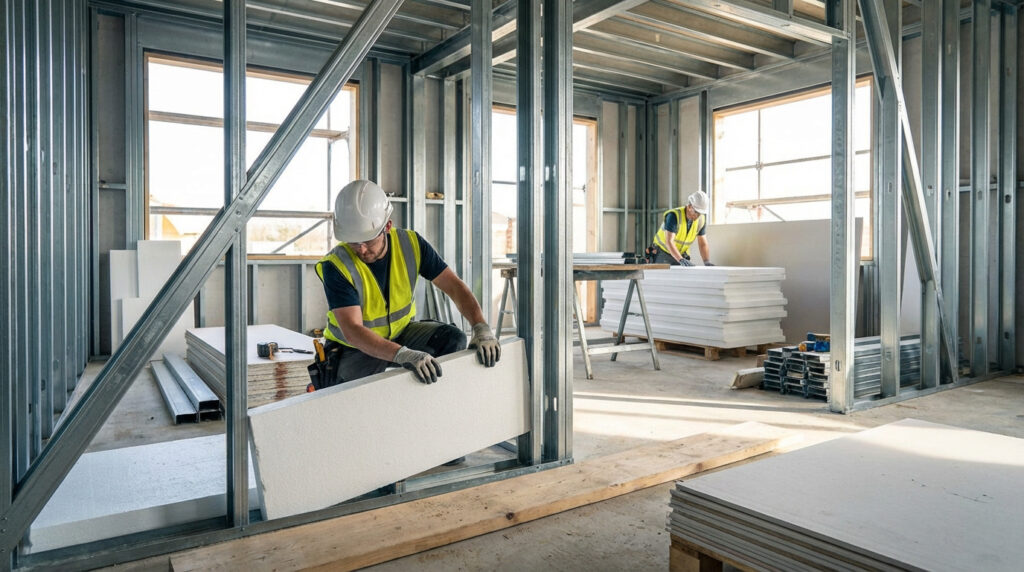 Deux ouvriers installent des panneaux d'isolation thermique sur l'ossature métallique d'un bâtiment en construction. Matériaux et outils visibles.