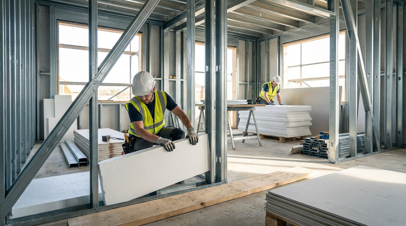 Deux ouvriers installent des panneaux d'isolation thermique sur l'ossature métallique d'un bâtiment en construction. Matériaux et outils visibles.