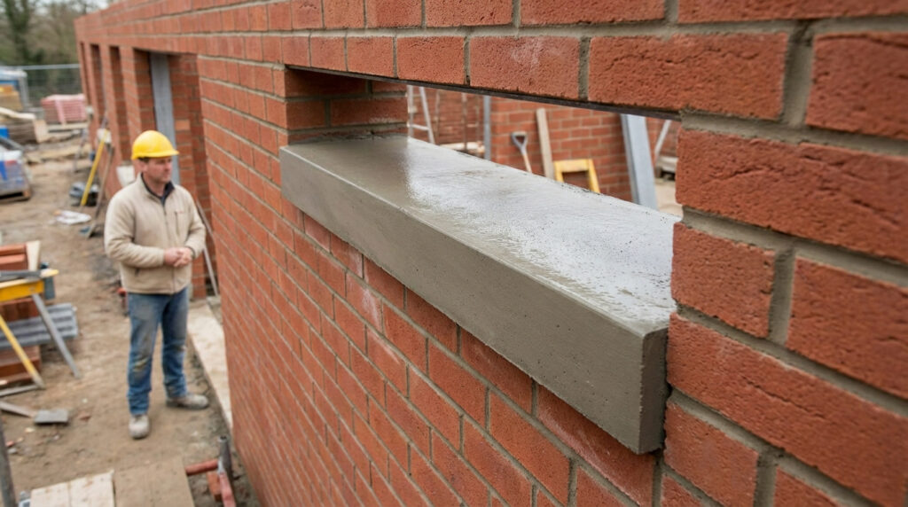 Linteau en béton frais et humide sur un chantier, intégré à un mur de briques. Un ouvrier au casque est au second plan.