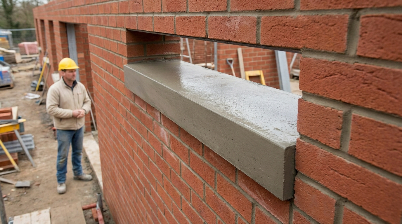 Linteau en béton frais et humide sur un chantier, intégré à un mur de briques. Un ouvrier au casque est au second plan.