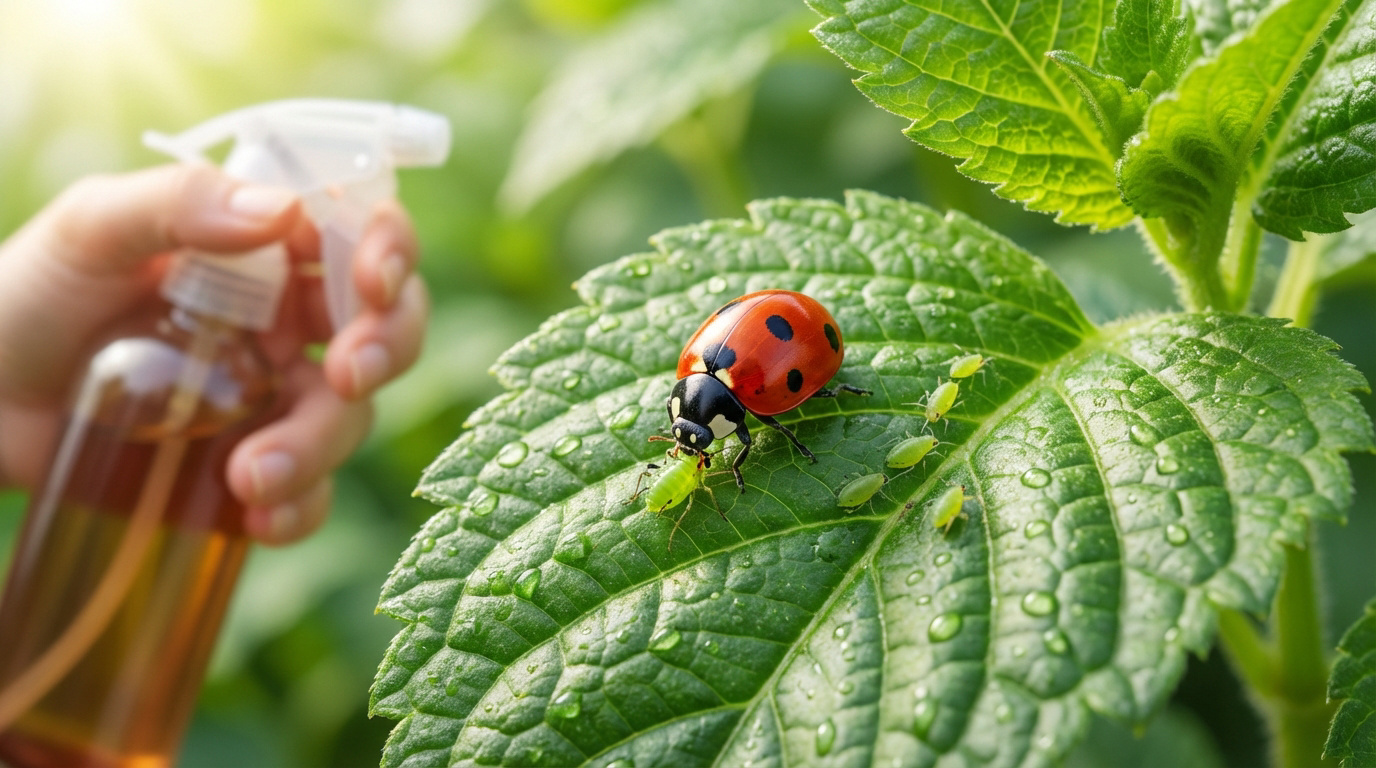 Une coccinelle mangeant un puceron sur une feuille verte humide, avec une main tenant un vaporisateur en arrière-plan.