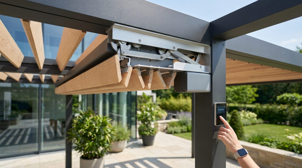 Gros plan sur le mécanisme de lames orientables d'une pergola en bois et aluminium. Une main ajuste le système via un écran tactile.