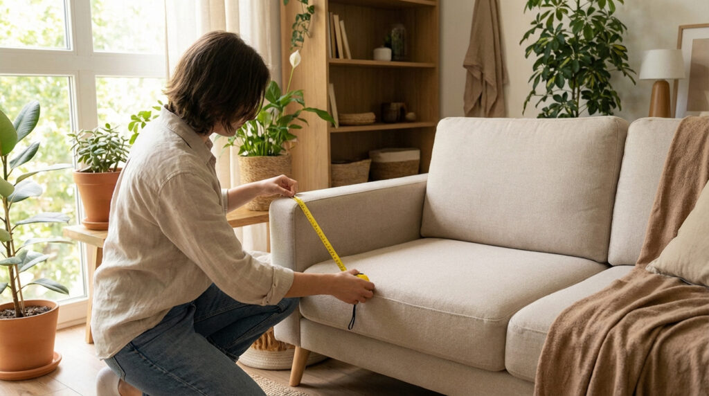 Femme mesurant l'accoudoir d'un canapé crème avec un ruban à mesurer jaune dans un salon lumineux rempli de plantes pour une housse.