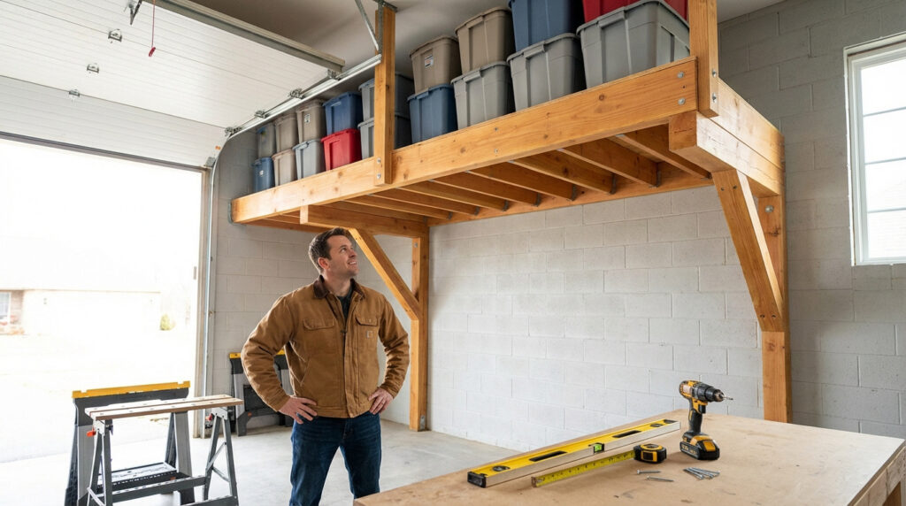 Un homme examine une mezzanine en bois robuste, remplie de bacs de rangement dans un garage avec des outils sur un établi.