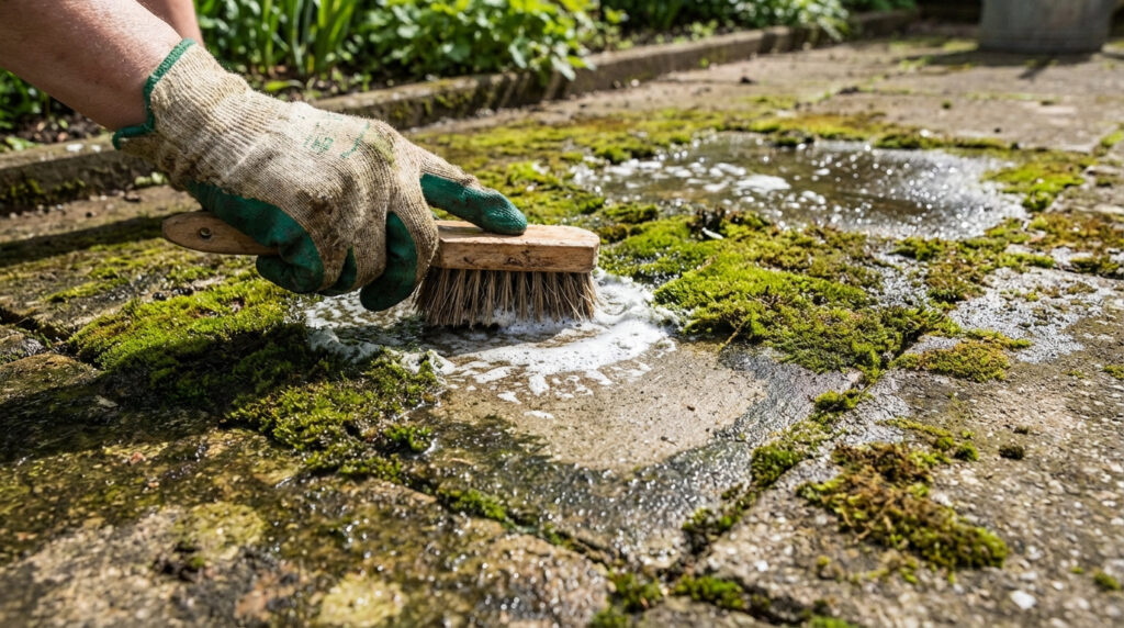 Main gantée frottant de la mousse verte sur une allée en béton humide avec une brosse en bois, créant de la mousse.