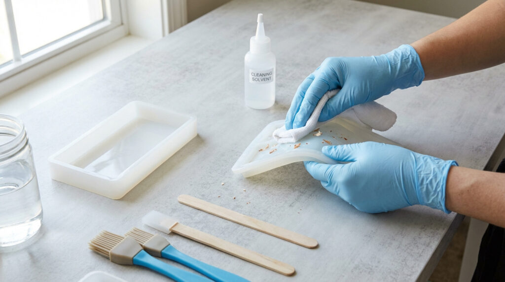 Personne en gants bleus nettoyant un moule en silicone avec un solvant. Outils et ustensiles d'époxy sur la table.