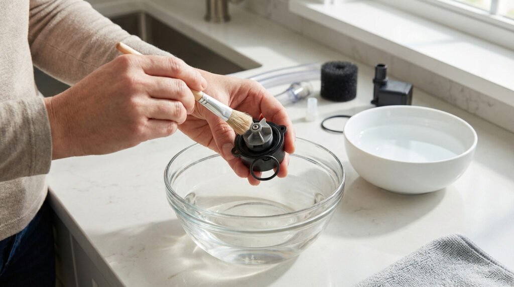 Mains nettoyant le rotor d'une pompe d'aquarium avec une brosse. Divers accessoires et bols d'eau sur un comptoir clair.