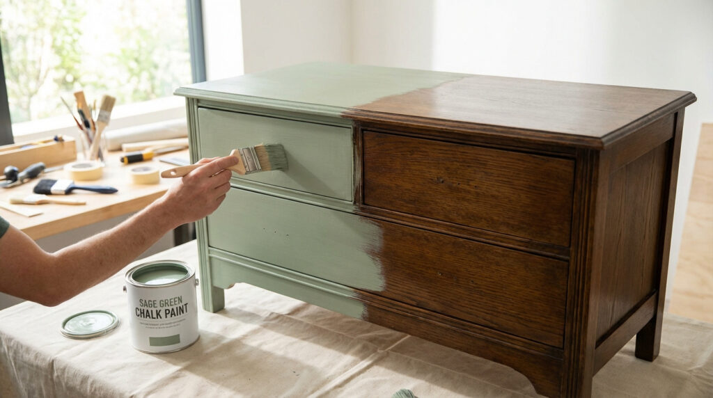 Gros plan sur une main peignant une commode ancienne en bois marron avec de la peinture vert sauge. Meuble à moitié transformé.