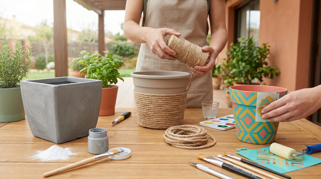 Personnes customisant des jardinières en plastique avec de la corde, des pochoirs et de la peinture. Outils sur table en bois.