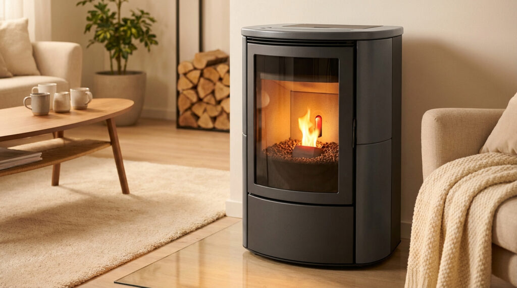Un poêle à granulés noir moderne allumé, avec une flamme vive, dans un salon cosy aux tons neutres. Canapé et table basse.