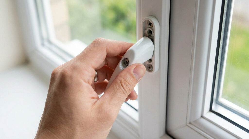Main tenant une poignée de fenêtre blanche lâche, fixée par deux vis apparentes sur un cadre PVC blanc.