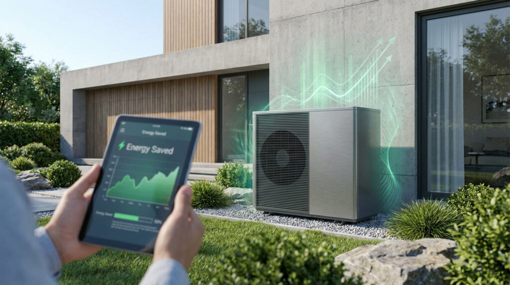Personne tenant une tablette affichant les économies d'énergie devant une pompe à chaleur moderne avec effets lumineux verts et une maison contemporaine.