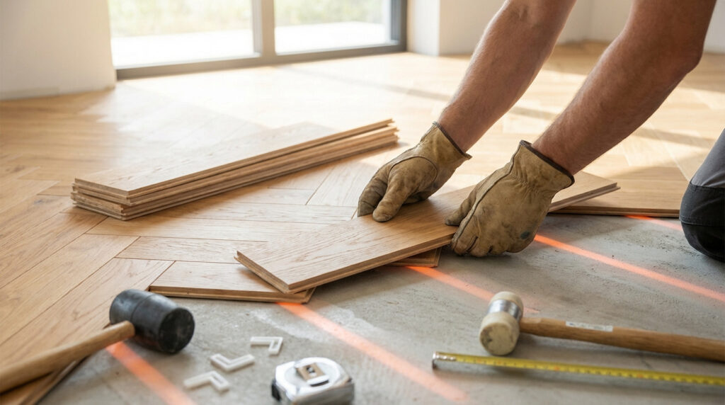 Un artisan aux mains gantées pose des lames de parquet en bois clair. Des outils et une ligne laser rouge sont visibles sur le sol en ciment.