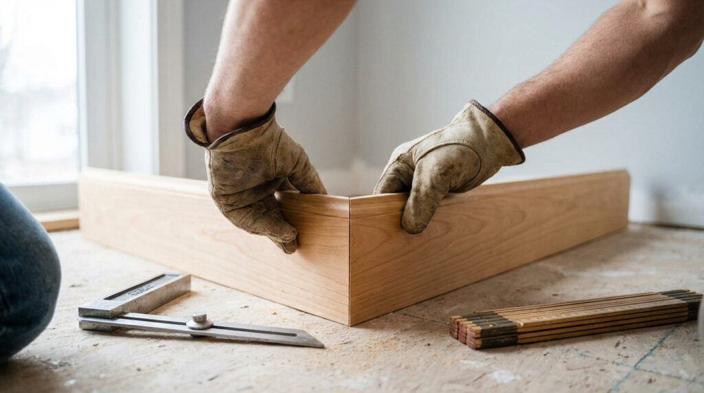 Mains gantées ajustant deux pièces de plinthe en bois clair pour former un angle parfait, avec outils de mesure au sol.