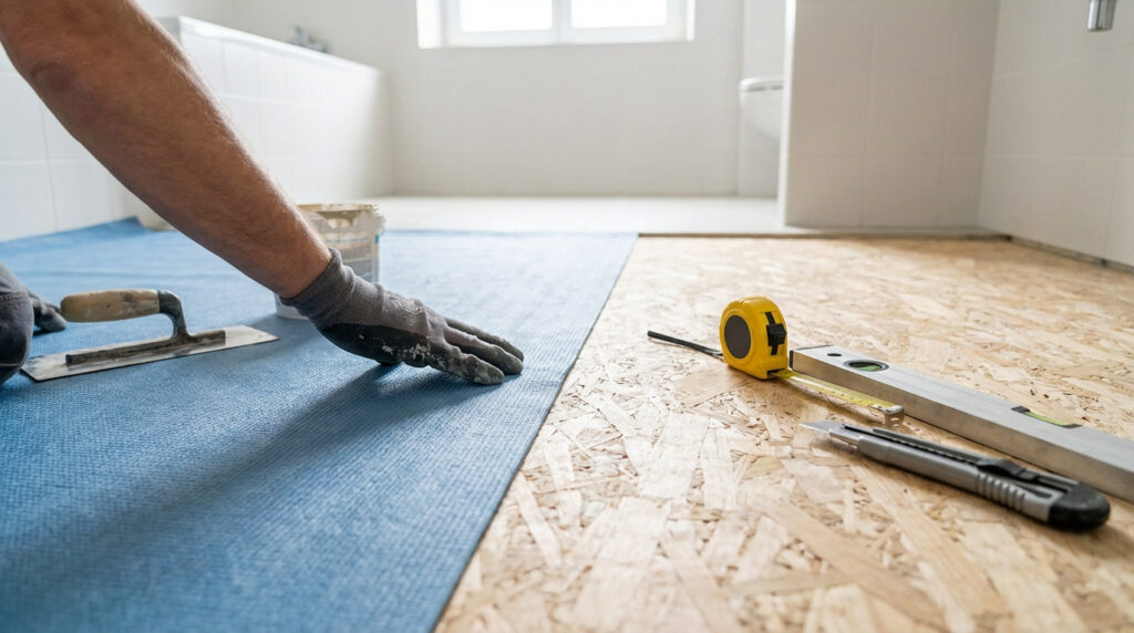 Gros plan sur un ouvrier posant une membrane hydrofuge bleue sur un plancher OSB dans une salle de bain en rénovation. Outils de mesure et de coupe à proximité.