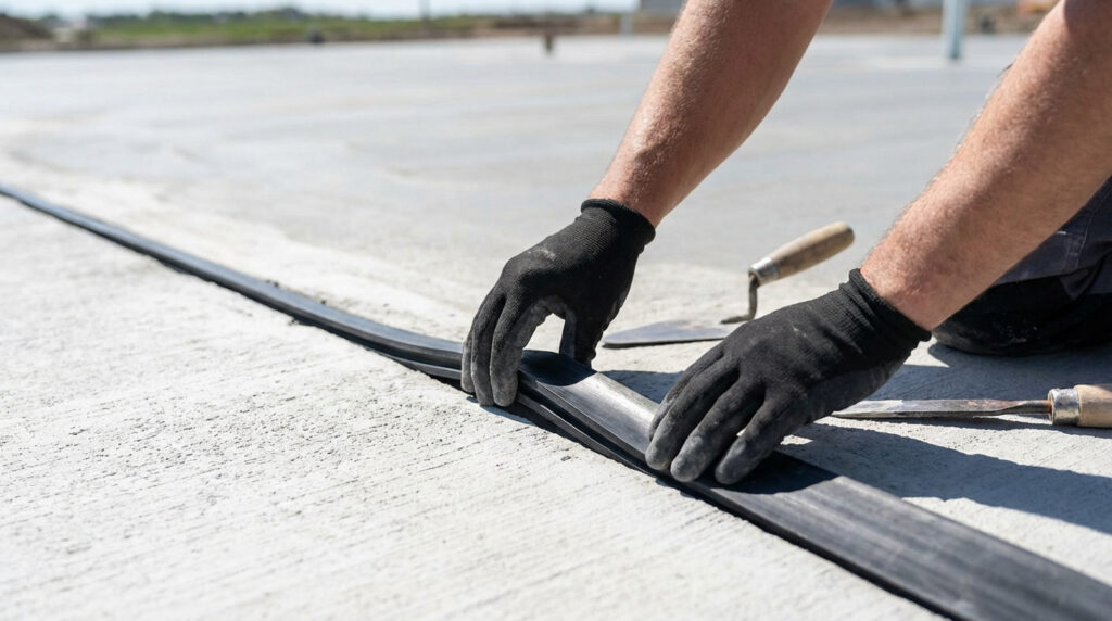 Mains gantées d'un ouvrier installant un joint de dilatation noir dans une dalle de béton grise. Des outils sont visibles.