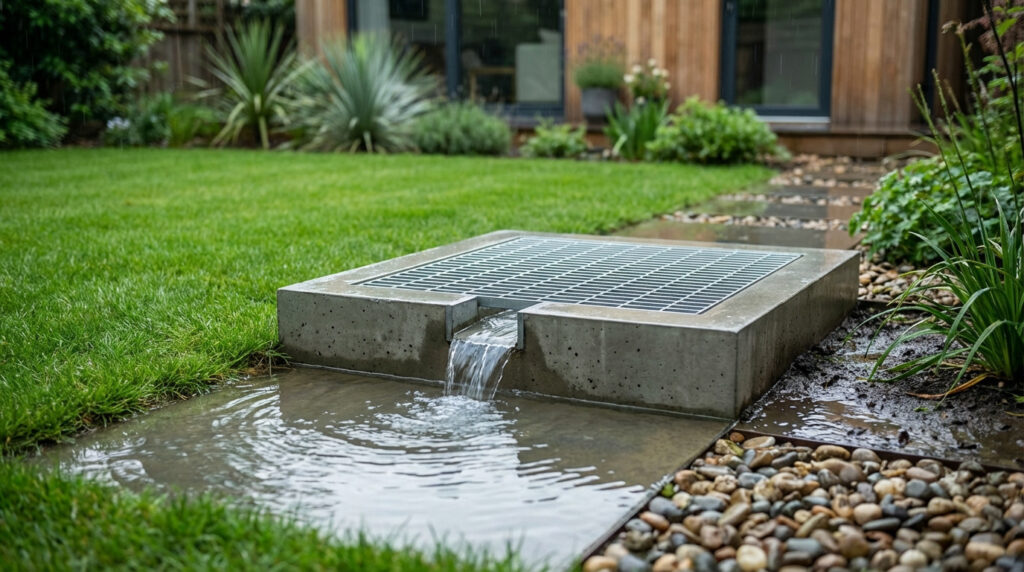 Puisard béton carré avec grille métallique recueillant l'eau de pluie qui s'écoule dans un jardin avec pelouse.