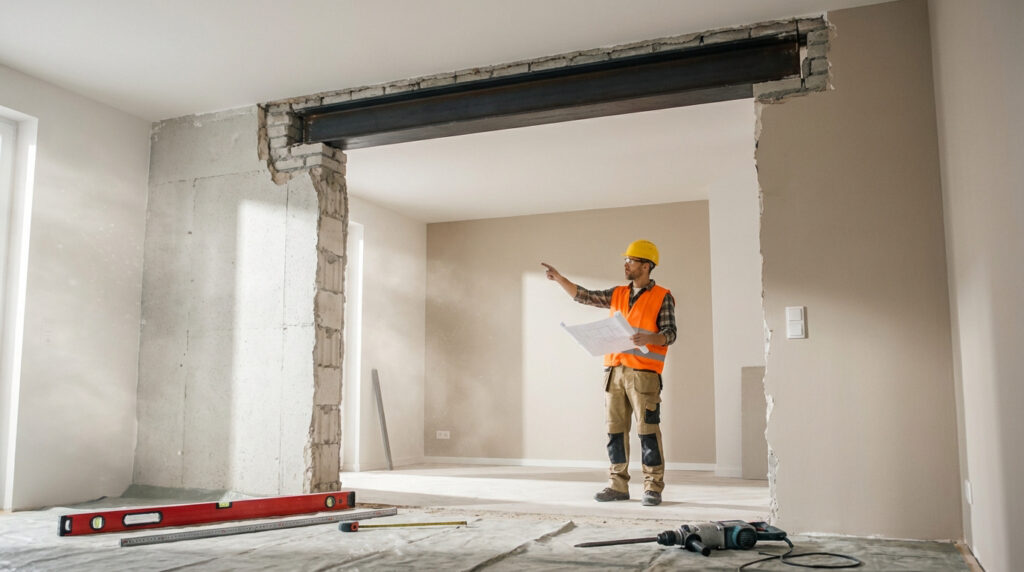 Ouvrier sur chantier de rénovation, avec ouverture de mur porteur et poutre IPN visible, plan à la main.