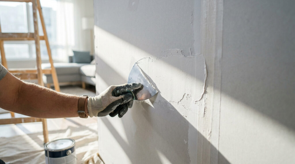 Gros plan sur une main gantée appliquant de l'enduit sur un mur avec une spatule. Échelle et pot de peinture sont visibles en arrière-plan.