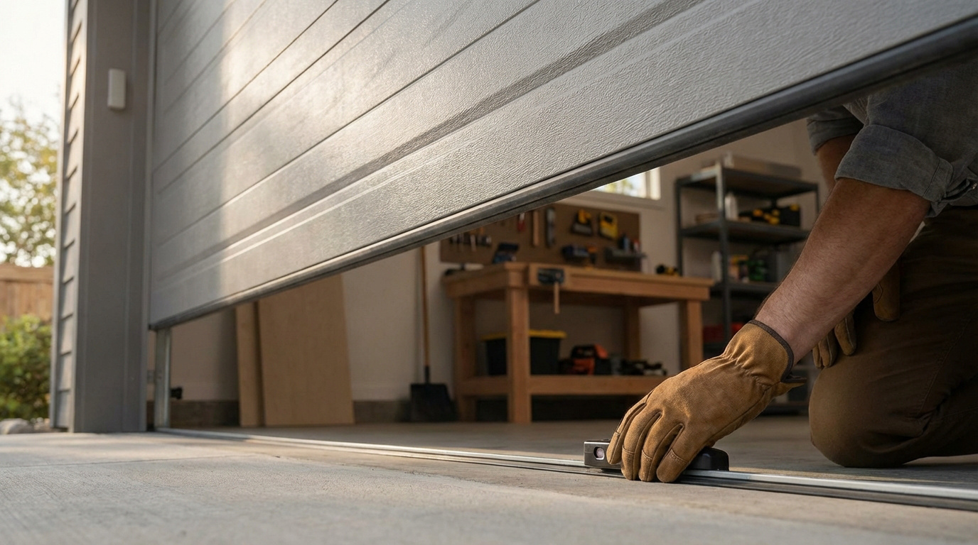 Un homme ganté ajuste un capteur ou joint au sol sous une porte de garage grise, vue de l'extérieur vers l'intérieur d'un garage.