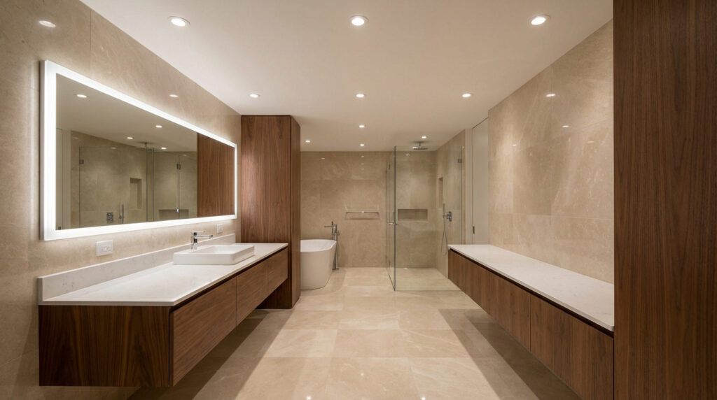 Salle de bain moderne avec carrelage clair, double vasque, baignoire et douche vitrée. Multiples spots au plafond et miroir éclairé.