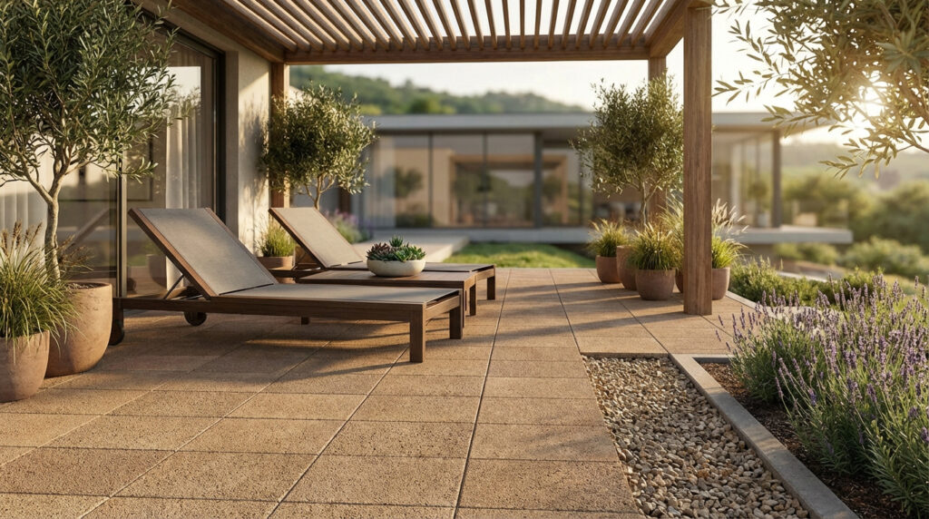 Terrasse moderne en béton poreux sous pergola en bois, avec transats, oliviers et jardin fleuri, vue sur maison contemporaine.