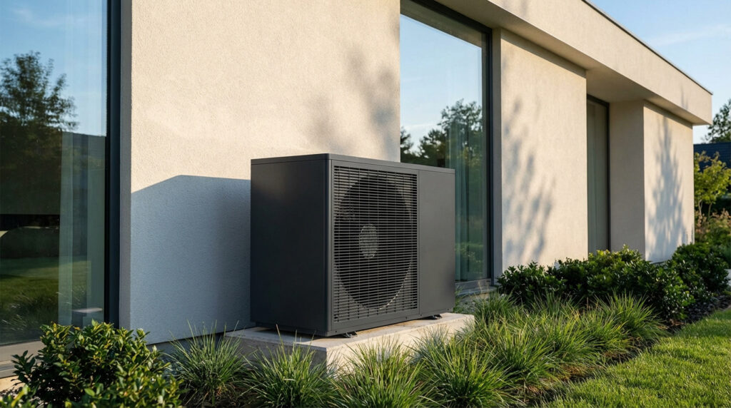 Une unité extérieure de pompe à chaleur grise, moderne et discrète, installée près d'un mur beige avec de grandes fenêtres et un jardin.