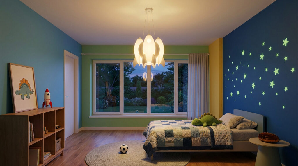 Chambre d'enfant décorée sur le thème spatial avec une suspension fusée, des étoiles murales, un lit douillet et vue jardin.