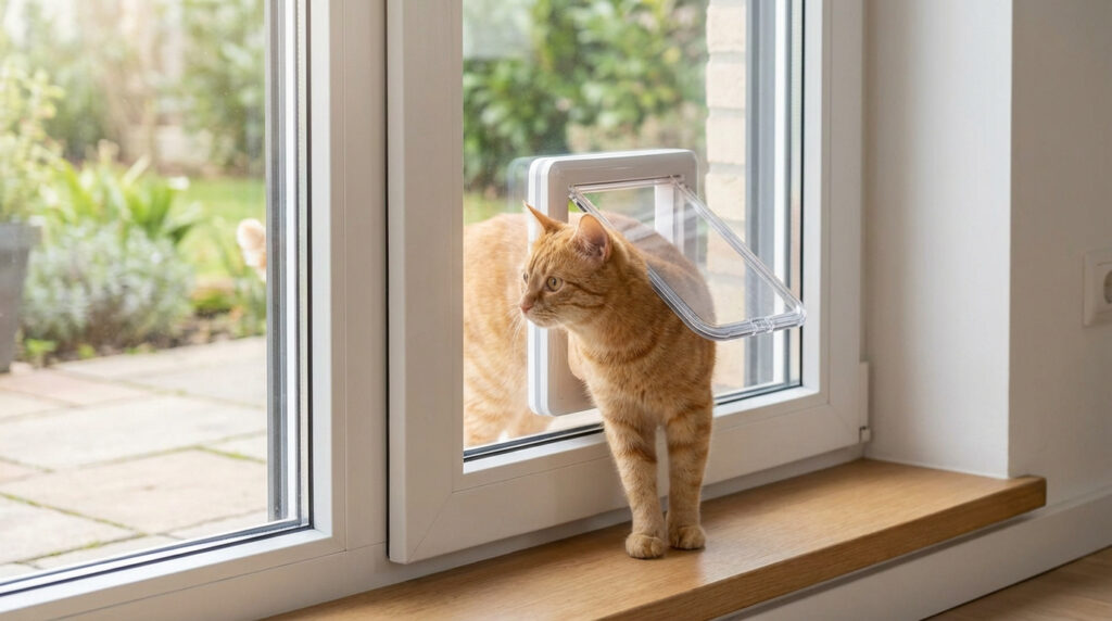 Chat roux entrant par une chatière installée dans une fenêtre à double vitrage, avec un jardin flou en arrière-plan.