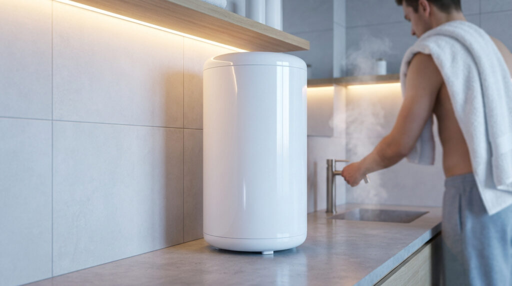 Chauffe-eau cylindrique blanc sur un comptoir moderne. Un homme avec une serviette utilise le robinet d'où s'échappe de la vapeur.