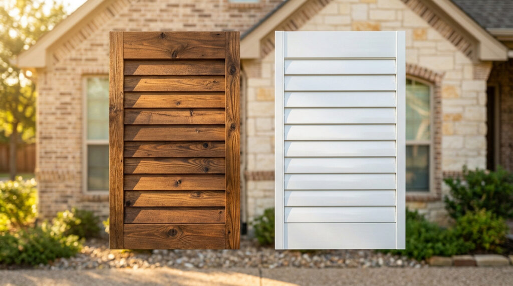 Deux volets, un en bois foncé rustique et un blanc en PVC, devant une maison. Ils illustrent le choix de matériaux.