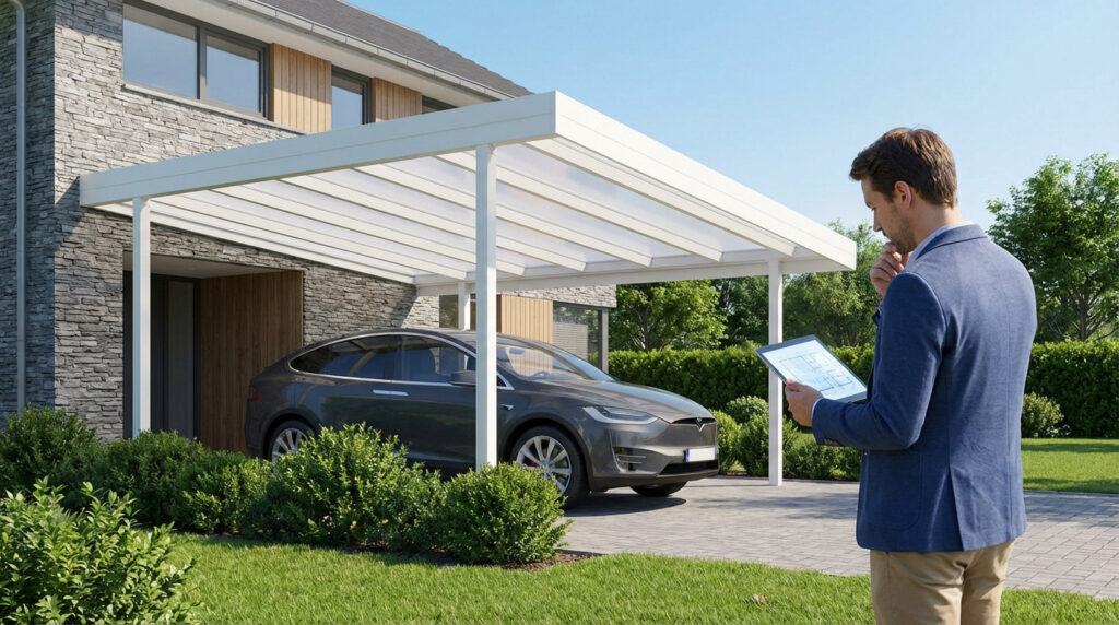 Un homme consulte des plans sur une tablette, debout devant une maison moderne avec un carport blanc abritant une voiture grise.