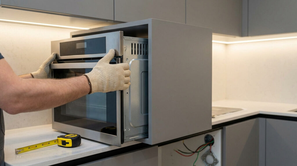 Mains gantées insérant un four encastrable moderne en inox dans un meuble de cuisine gris. Un mètre est sur le comptoir.