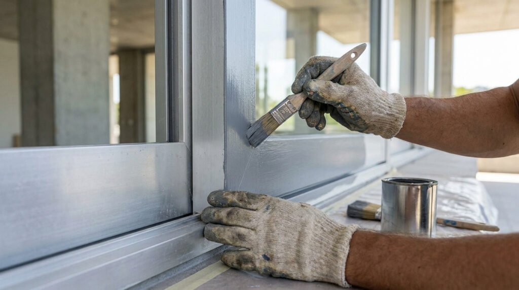 Une personne, portant des gants, peint le cadre d'une fenêtre en aluminium en gris à l'aide d'un pinceau, avec un pot de peinture à côté.