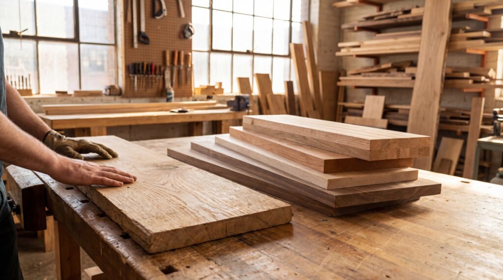Gros plan sur des mains touchant une planche de bois brut à côté de planches empilées dans un atelier de menuiserie lumineux.