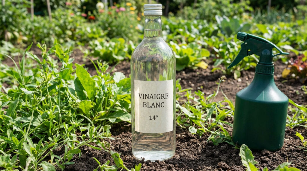 Bouteille de vinaigre blanc 14° et pulvérisateur vert sur terre de jardin, entourés de végétation pour désherbage.